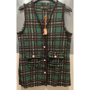 Spoon Jeans Green/Brown/Lurix Plaid Pearl Button Vest Women’s Size L NEW w/Tag